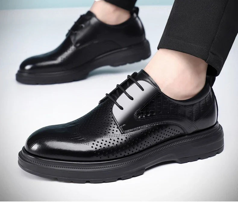 2026 Summer New Men's Cow Leather Oxford Shoes Hollow Out Formal Business Dress Shoes Male Non-slip Fashion Platform Shoe Man