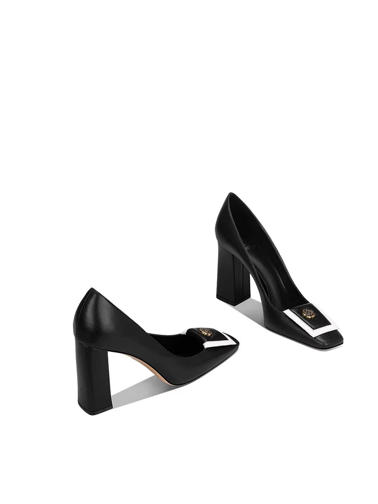 Spring new square toe shallow metal rose square heel shoes banquet dress large size small size thick high heeled women's shoes
