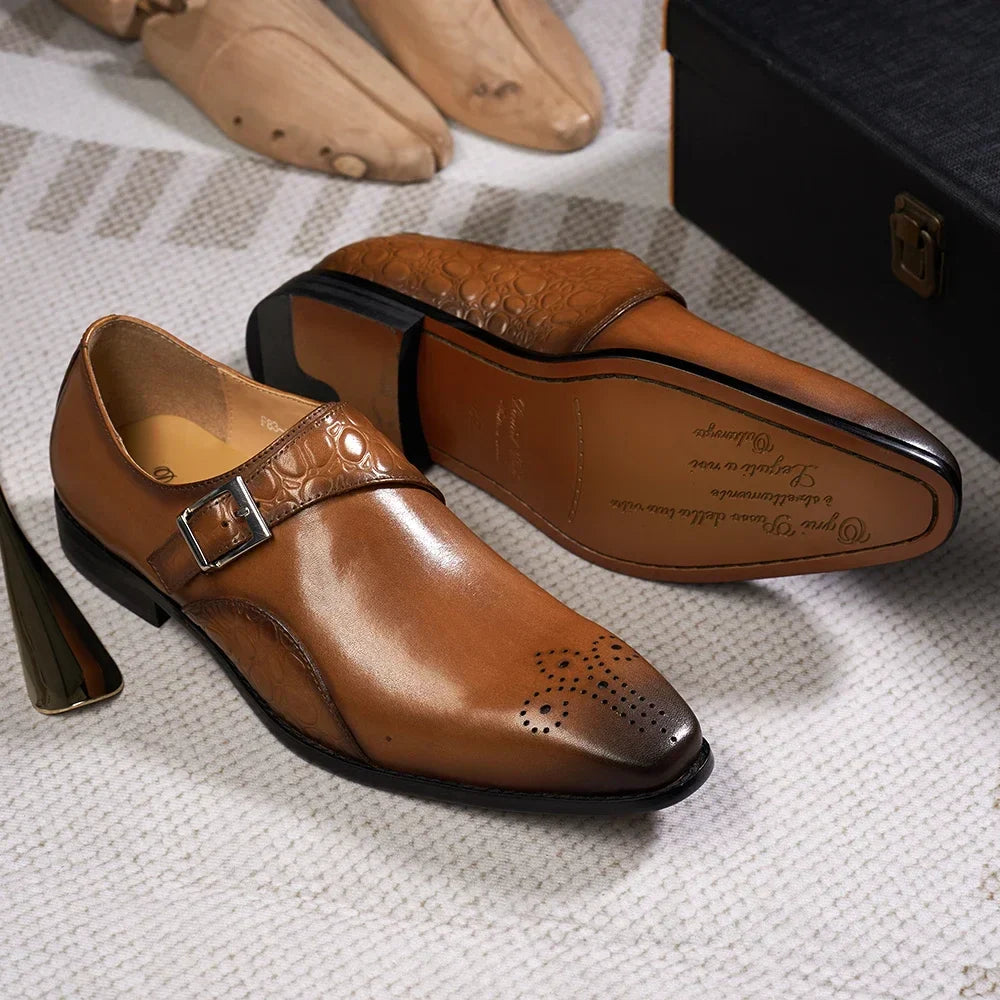 Luxury Men's Genuine Leather Monk Strap Shoes Cowhide Business Office Formal Dress Shoes with Buckle Italian Style for Weddings