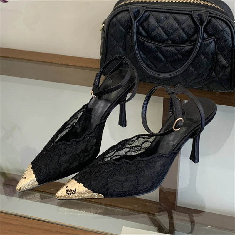 Aneikeh Fashion Retro Lace Designer Pointed Toe Thin Heels Slingbacks Pumps Women Wedding Banquet Dress Mules Ladies Shoes
