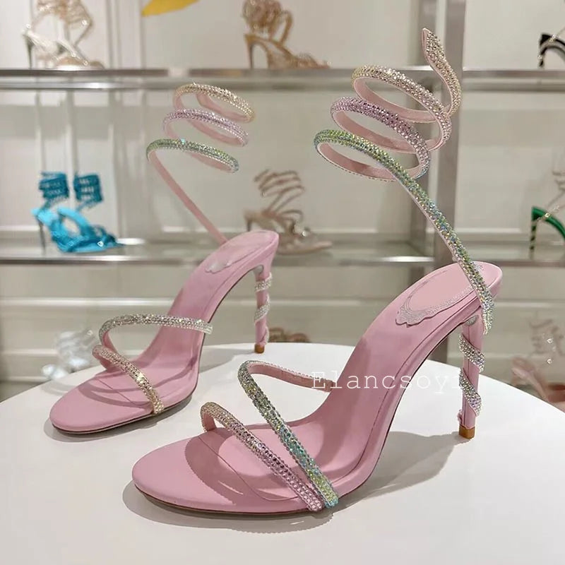 Thin Heels Gladiator Sandals Women's Shiny Rhinestone Ankle Snake Shaped Winding Party Shoes Summer Fashion High Heels Sandalias