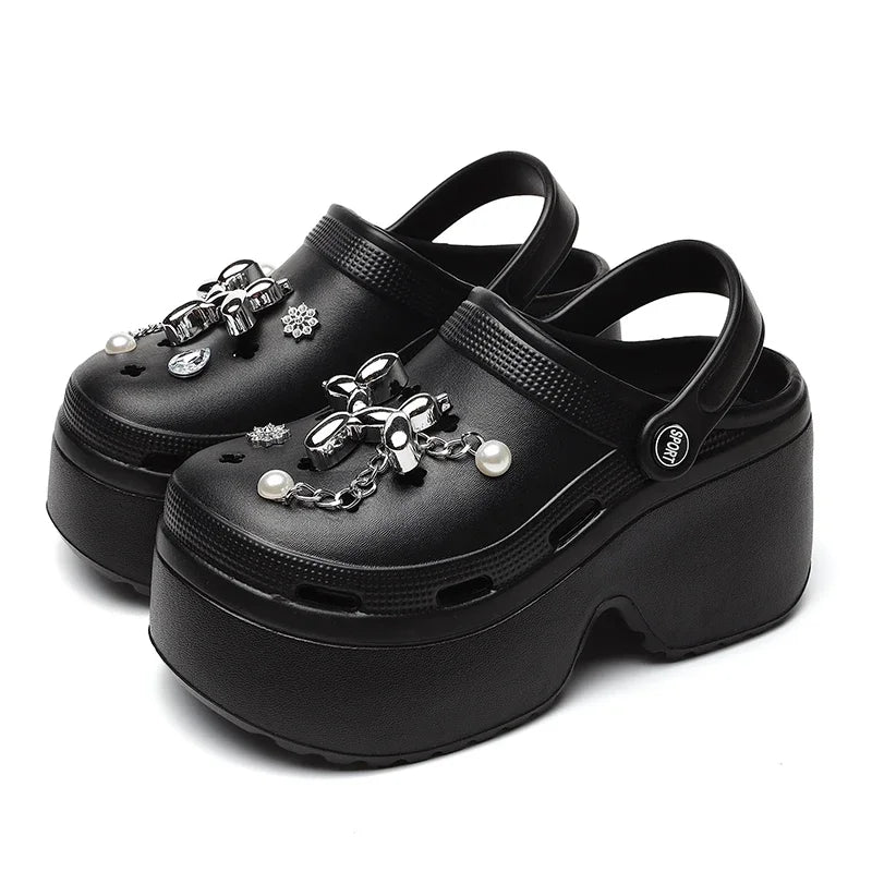 New Women's Silver Platform Clogs Summer 2025 Comfortable Slip on Wedge Sandals Woman Fashion Chain Thick Sole Garden Shoes Lady