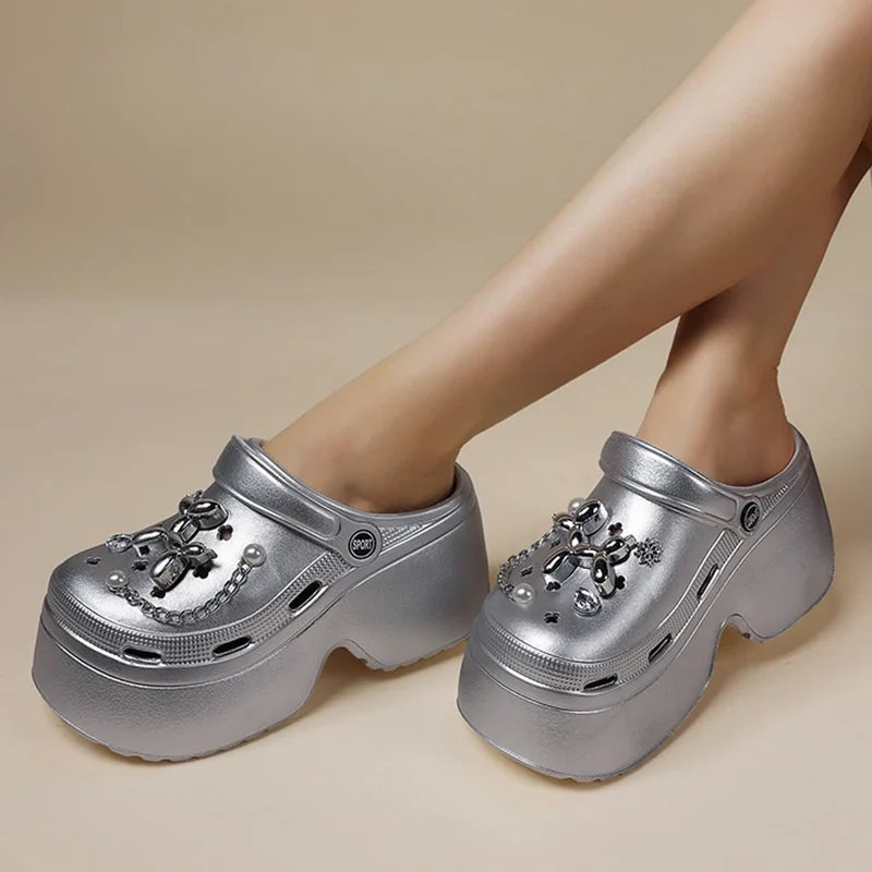 New Women's Silver Platform Clogs Summer 2025 Comfortable Slip on Wedge Sandals Woman Fashion Chain Thick Sole Garden Shoes Lady