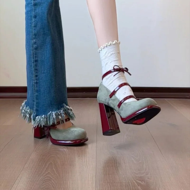 Platform Green Bow Mary Jane Single Shoes Spring Summer 2026 New Strap Heels Women