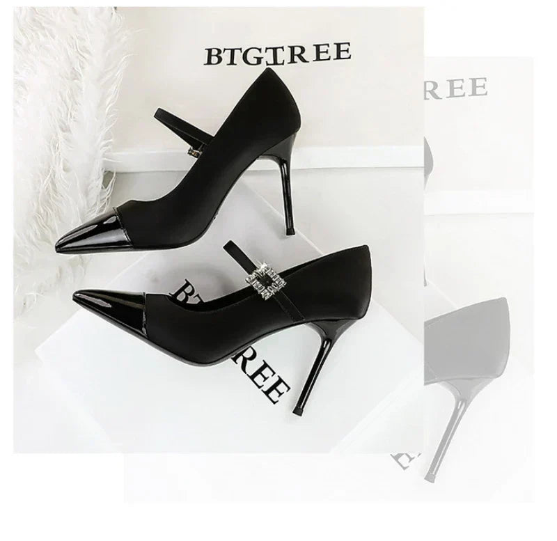 Banquet High Heels Thin Heels Light Mouth Color-Blocked Pointed Toe Rhinestones One-Strip Ultra High Heels Single Shoes Elegant