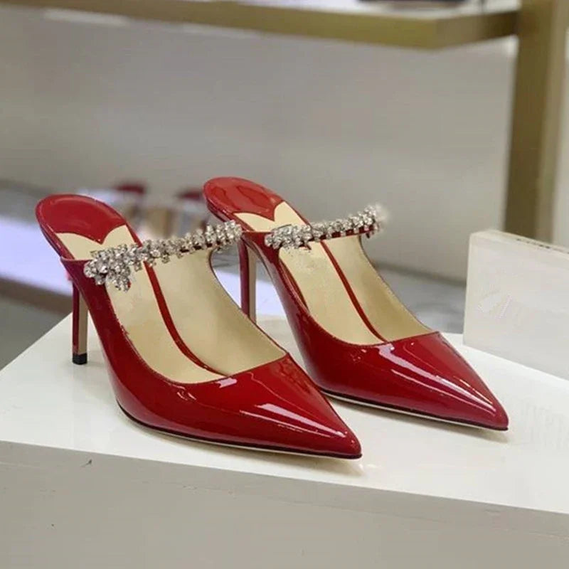 2025 Summer New Pointed High Heels Women's Muller Shoes Transparent Water Diamond Sexy Fashion Thin Heel Women's Sandals