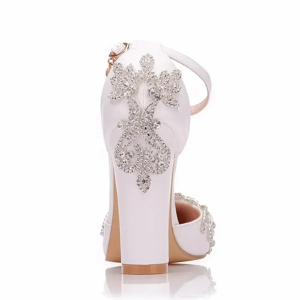 2026 Thick Heel Pointed Toe Shoes Large Size  Thick Heel Sandals Women Rhinestone Wedding Shoes Women White Wedding Shoes Drill