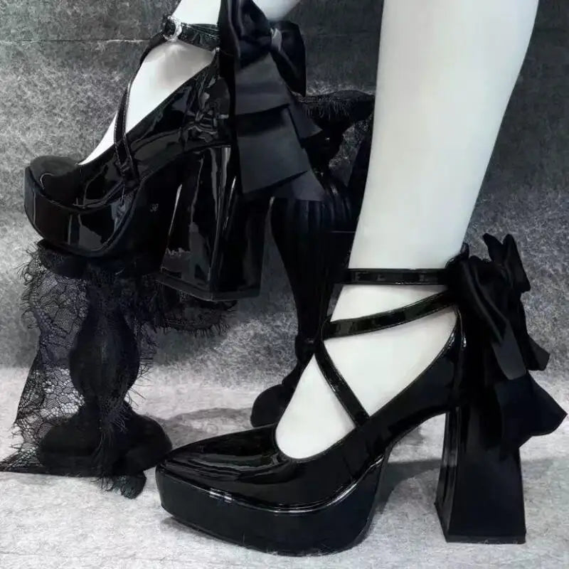 Gothic Black Patent Leather Mary Jane Shoes Women Summer 2026 Platform Super High Heel Y2K Shoes Woman Lolita Ankle Strap Pumps