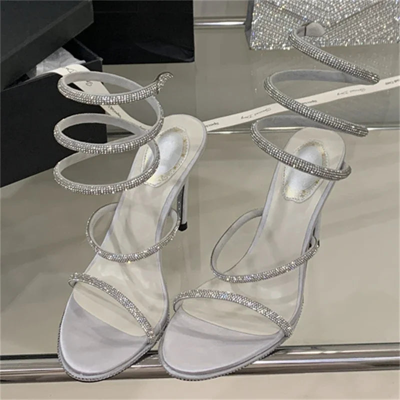 Aneikeh Glitter Crystal Snake Wrapped Sandals Women's Summer Fashion Sexy Rhinestone Thin Heel High Heels Party Prom Shoes