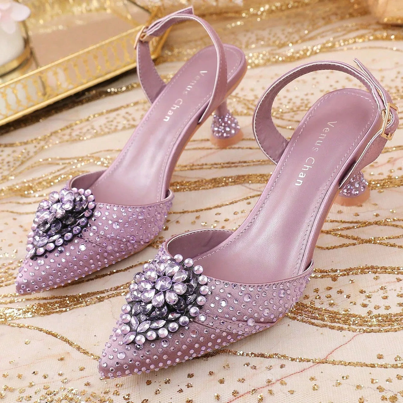 2025 Women's Green High Heels - Italy-Inspired Rhinestone Pointed-Toe Design for Gorgeous Parties | Plus Size Available