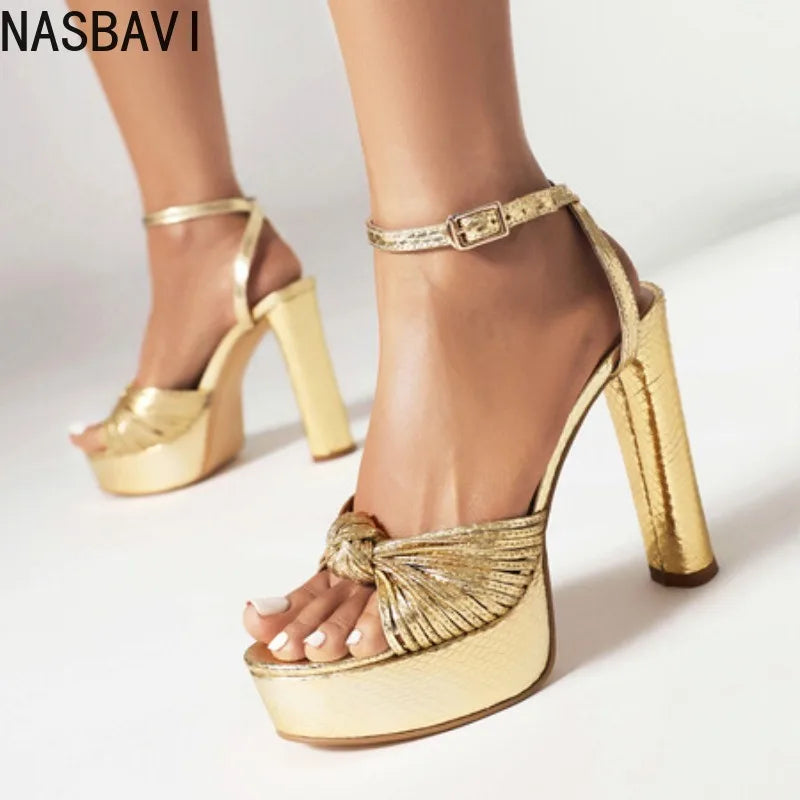 NASBAVI Womens Narrow Band Sandals Gold Platform Sandal 12cm Thick Sole High Heels Ladies Sandal Summer Gladiator Women Shoes 42