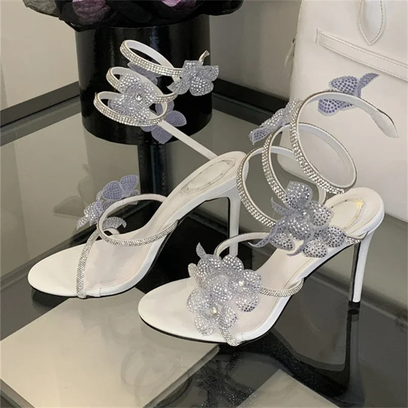 Aneikeh Street Style CRYSTAL Narrow Band Thin High Heels Women Sandals 2026 Summer Open Toe Ankle Strap Female Shoes