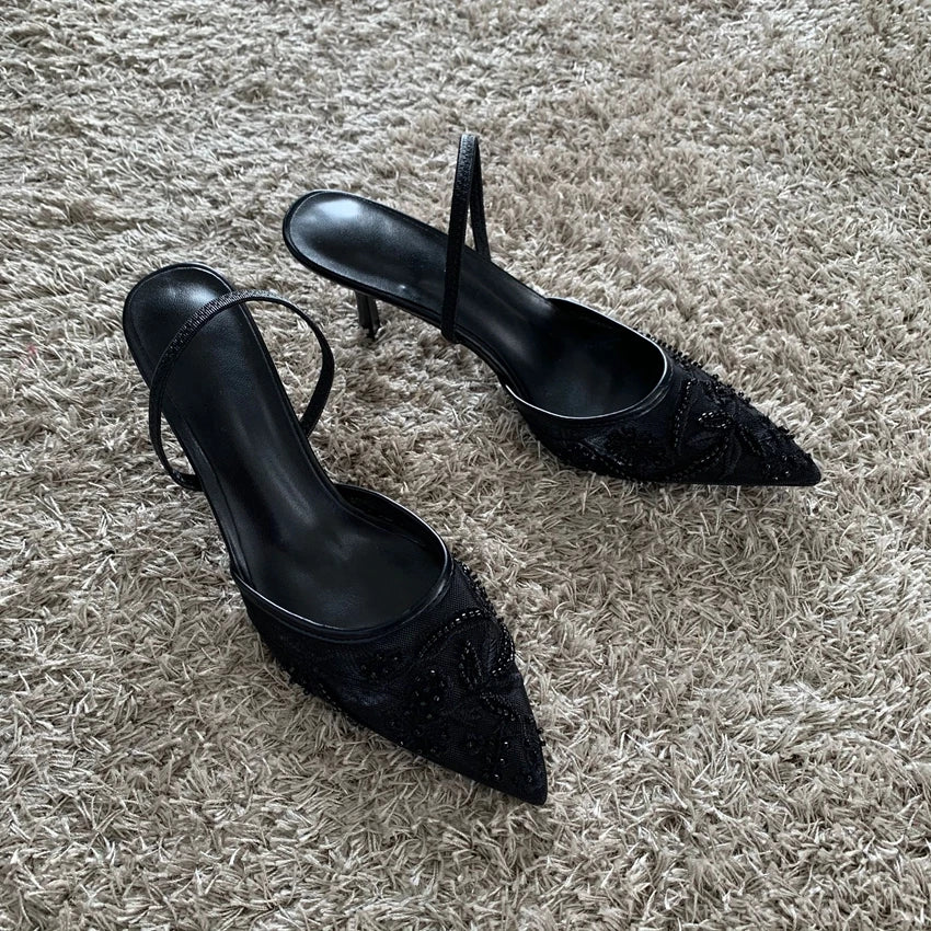 2026 String Bead Mesh Embroider Slingback High Heels Women Sexy Pointed Toe Heeled Sandals Summer Elegant Luxury Designer Shoes