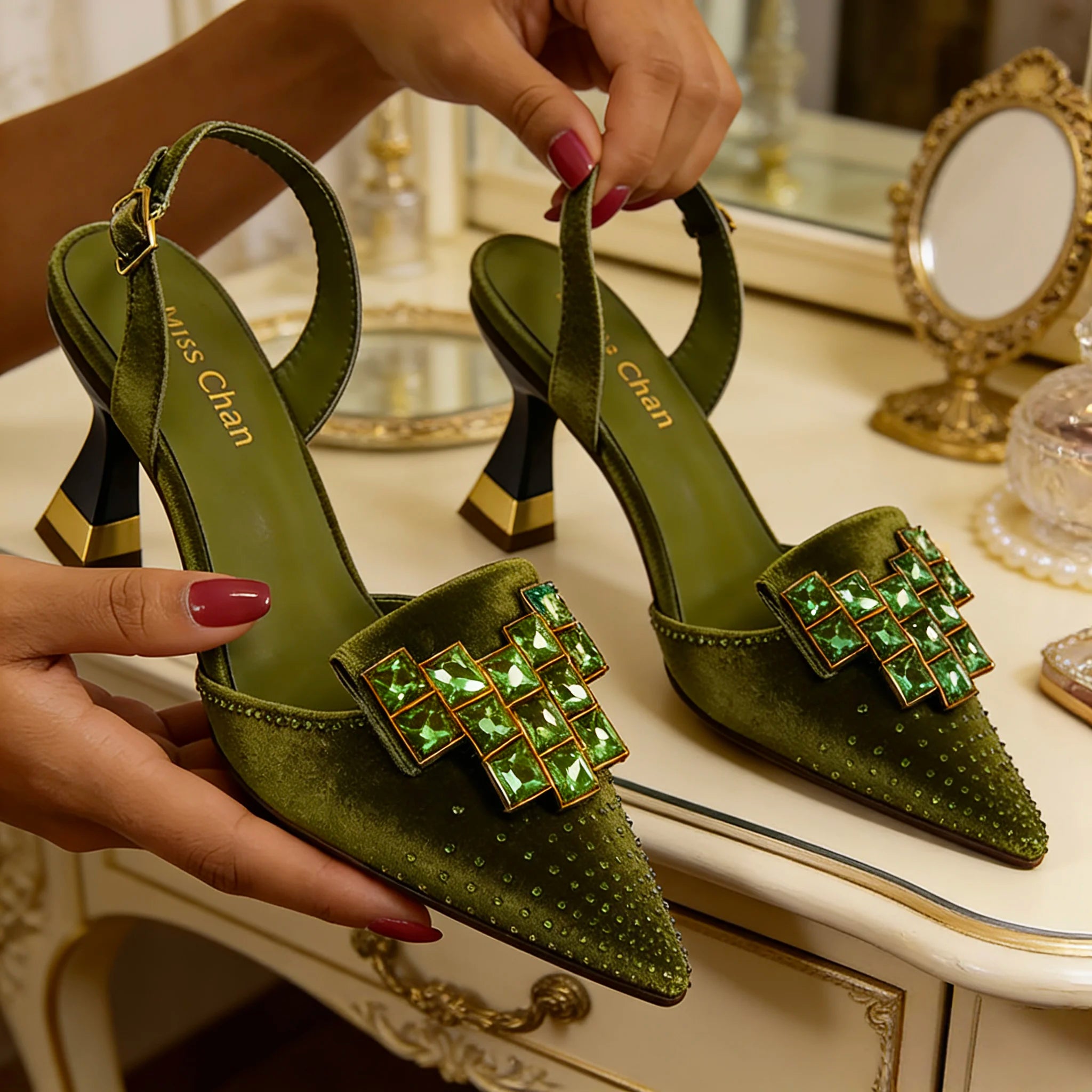 Venus Chan 2026 Elegant Green Slingback Heels with Rhinestones – Italian Design, Pointed Toe Bridal & Evening Party Footwear