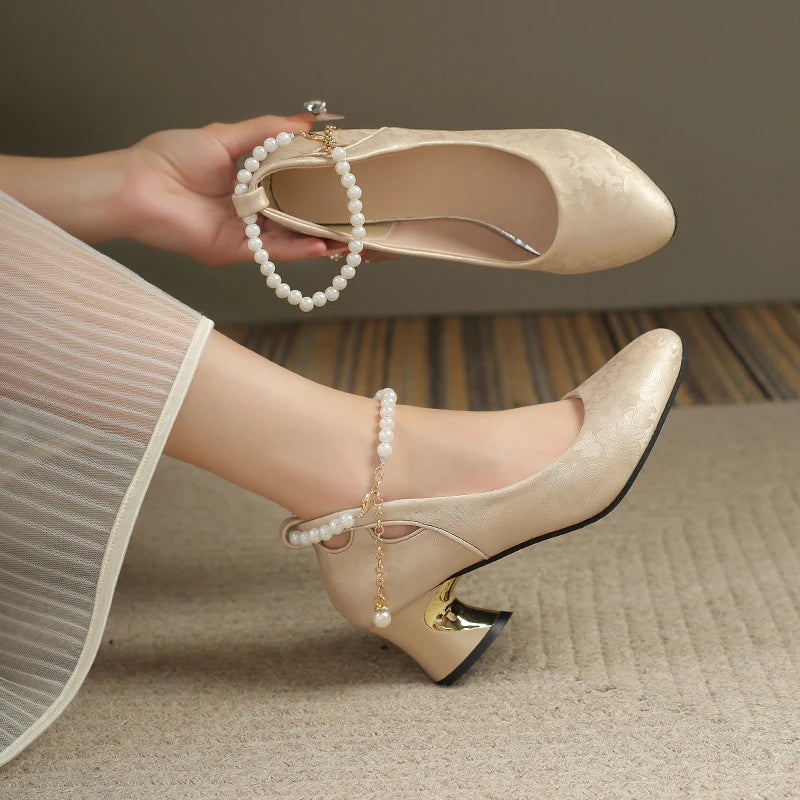 Retro Square Toe High Heels Women's Wedding Shoes New Chinese Style Single Shoes Block Heel Baotou Sandals