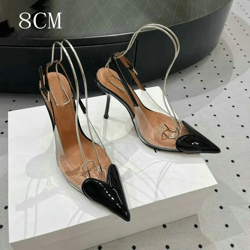2026 New Pointy Peach Heart Fine Heel Shoes Sexy Pvc Transparent Film Black Patent Leather High Heel Overhead Sandals