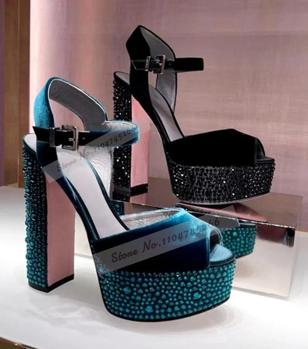 Champagne Crystal Chunky Heel Sandals Bling Rhinestone Platform Wedding Shoes Velvet Open Toe Buckle Strap Block Heels