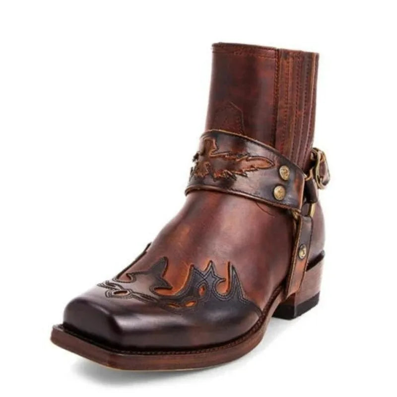 Men Western Cowboy Boots Square Toe Ankle Boots Retro Embroidery Men's Boots Outdoor Leather Boot Plus Size Buckle Casual Shoes