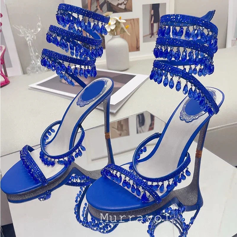 Tassels Rhinestone Decor Thin High Heels Sandalias Women Ankle Snake Shaped Strap Entanglement Sandals Summer Party Dress Shoes