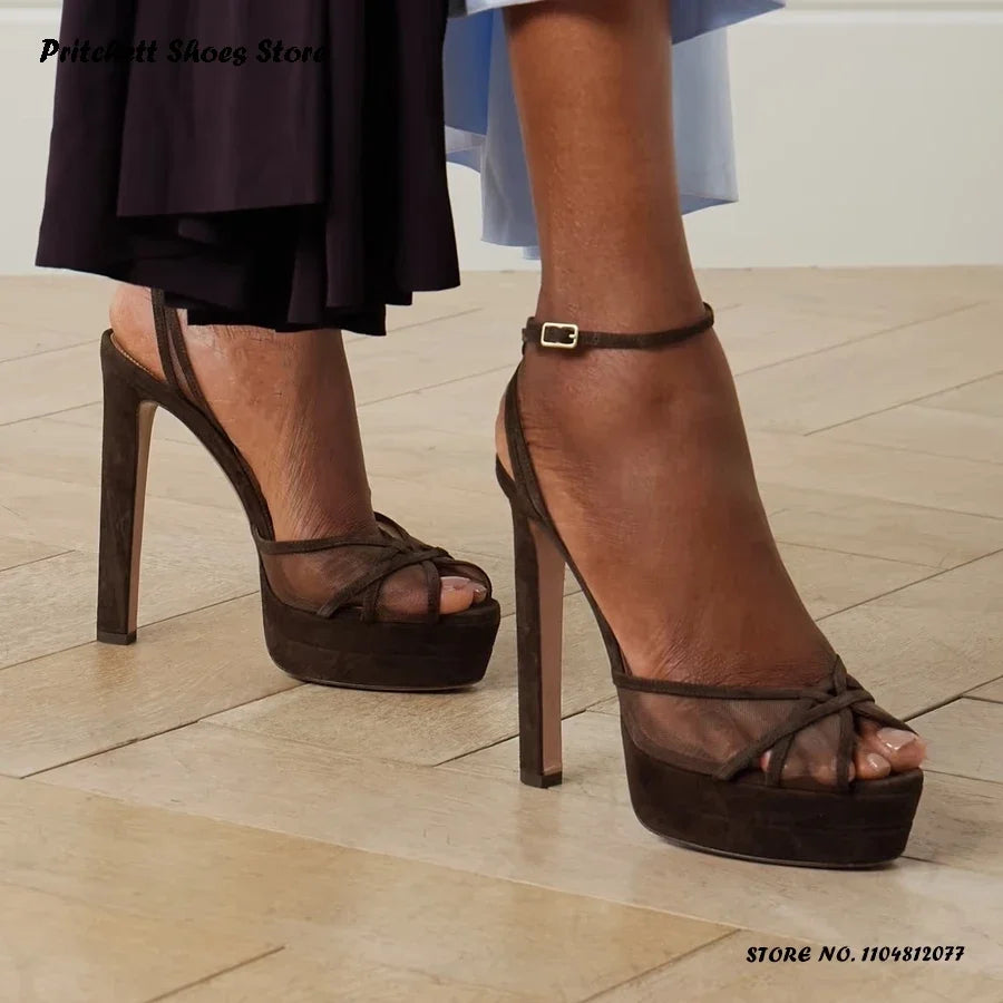 Suede and Mesh Double Platform Sandals Women's Buckle Strap Party Dress Wedding Shoes Summer Fashion Round Toe Runway High Heels