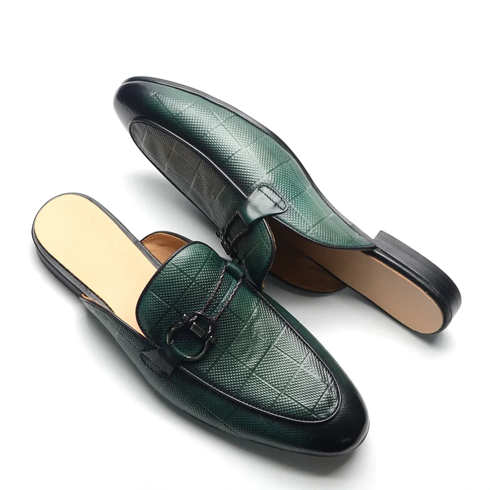 Men's Buckle Mule Slip on Backless Loafer Slides Classic Dressy Flat Sandals Checkerboard Genuine Leather Closed Toe Half Shoes