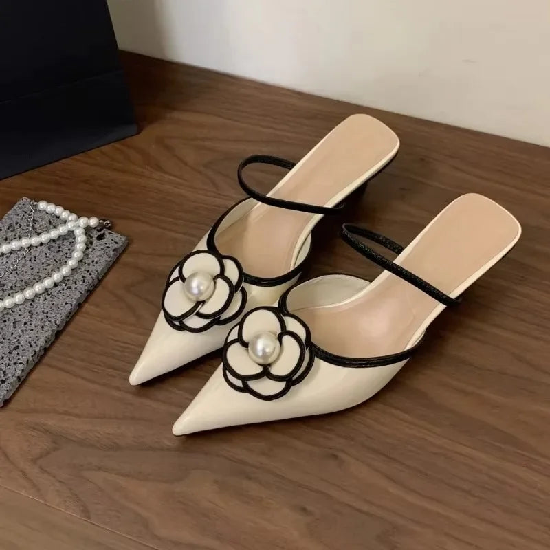 2025 Flower Pointed Toe High Heels Women Luxury Designer Sandals Female Summer Elegant Fashion Pumps Flower Mule Slippers Women