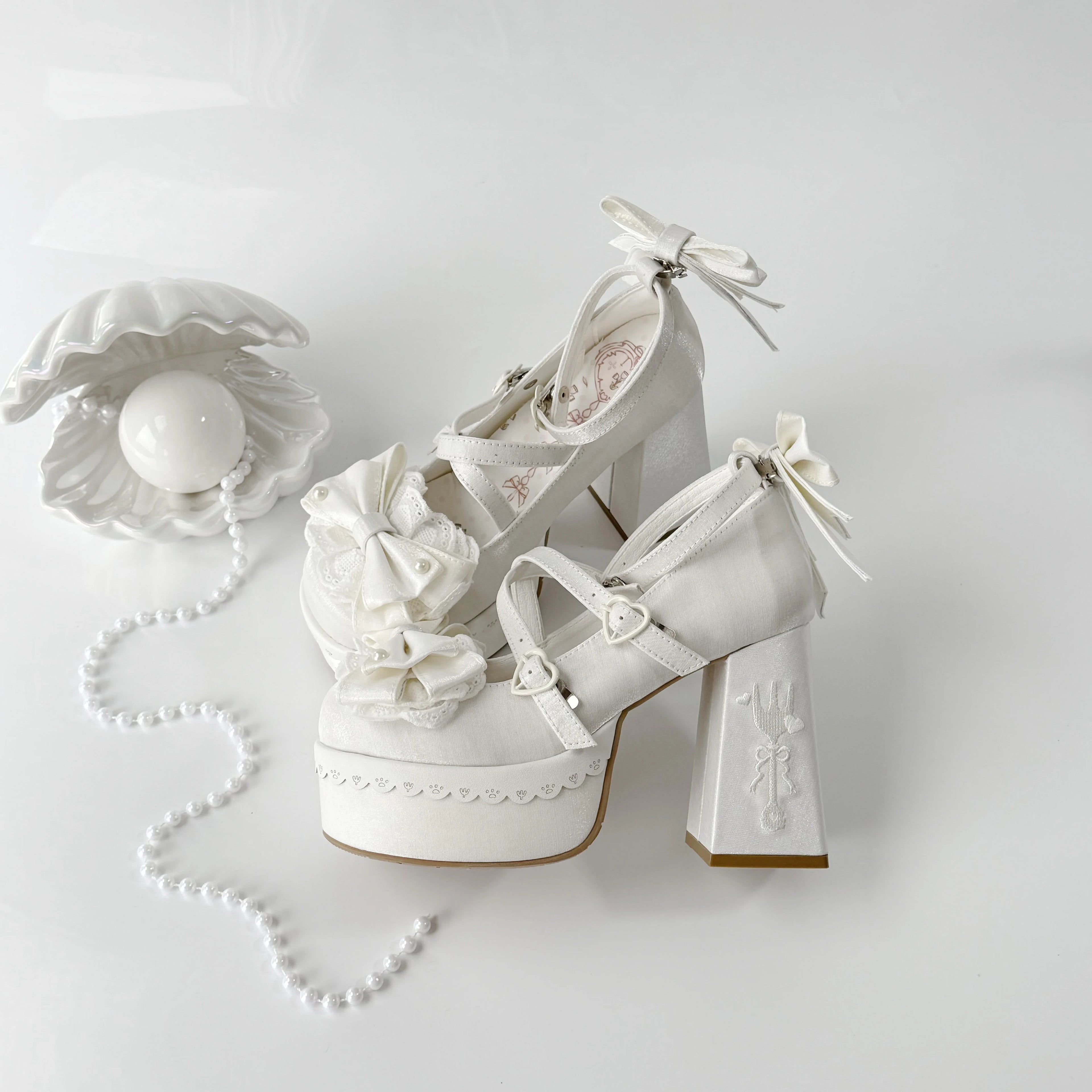 Lovely Girls Lolita High Heels Platform Shoes ,Young Women Students Sweet Pearl Lace Bowknots Embroidery Ankle Strap Mary Janes