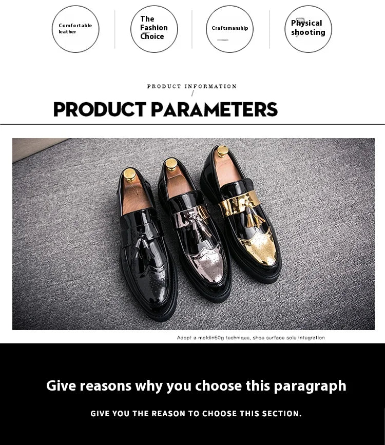 Fashion Golden Men's Casual Slip-On Tassel Patent Loafers Thick Bottom Elevator Shoes Men's Party Shoes Business Shoes Brogue