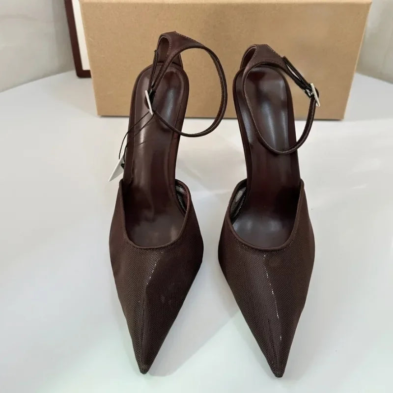 Spring Sexy Ankle Strap Pointed Toe Pumps Woman Sandals Brown Mesh Stiletto Heels Design Ladies Dress Party Shoes