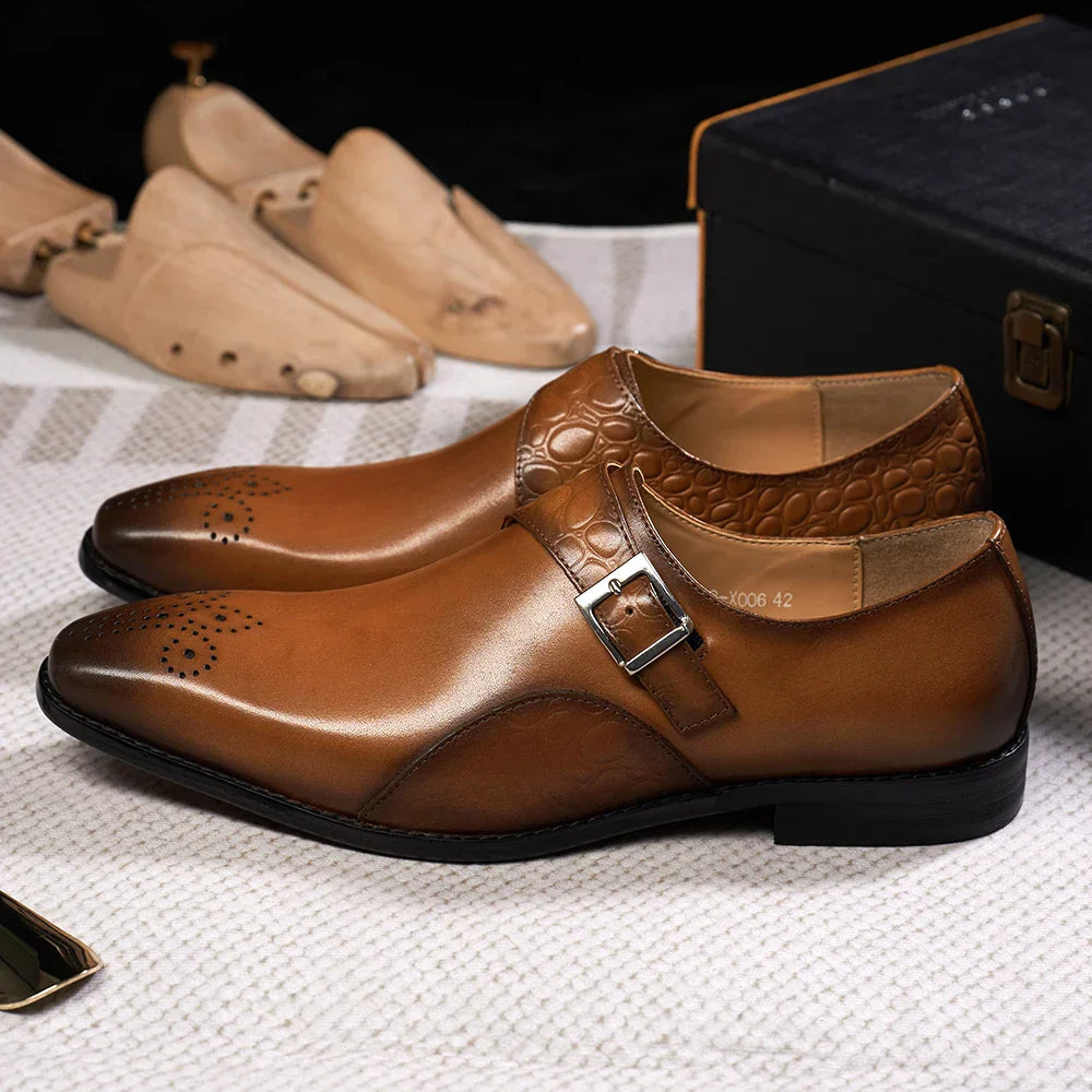 Luxury Men's Genuine Leather Monk Strap Shoes Cowhide Business Office Formal Dress Shoes with Buckle Italian Style for Weddings