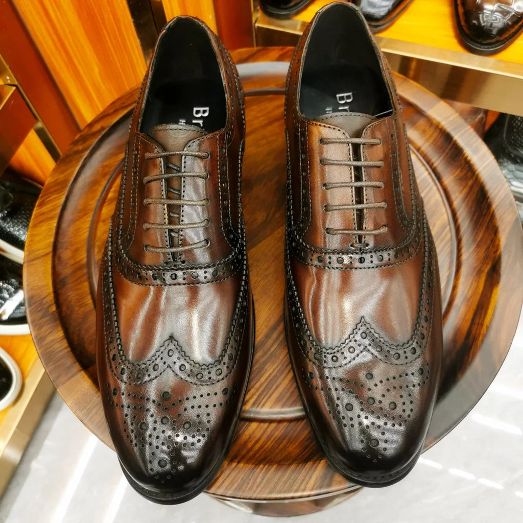 Luxury Men's Dress Shoes Genuine Leather Brogue Wingtip Toe Oxford Black Brown Lace-Up Business Wedding Formal Men Shoes