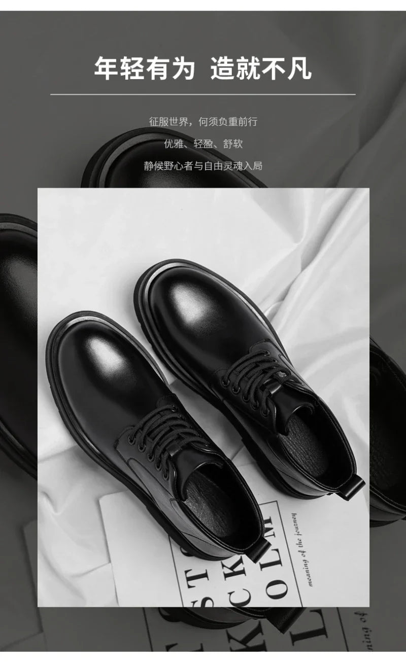 Mens Black Leather Lace Up Mid Top Boots Winter Warm Formal Business Office Wedding Shoes Black Work Boots Fashionable Dad Shoes