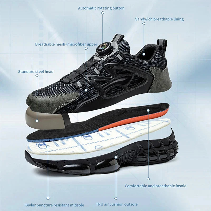 New Rotating Button Safety Shoes Men Anti-smash Anti-puncture Work Shoes Fashion Men Sport Shoes Men Security Mining Boots