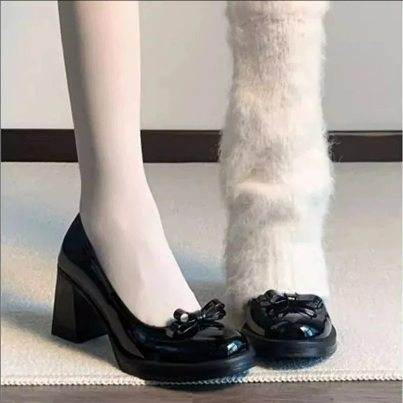 Vintage Bow Shallow Single Shoes Women Slip-On High Heels Block Heel Versatile Commuter Mary Jane Shoes