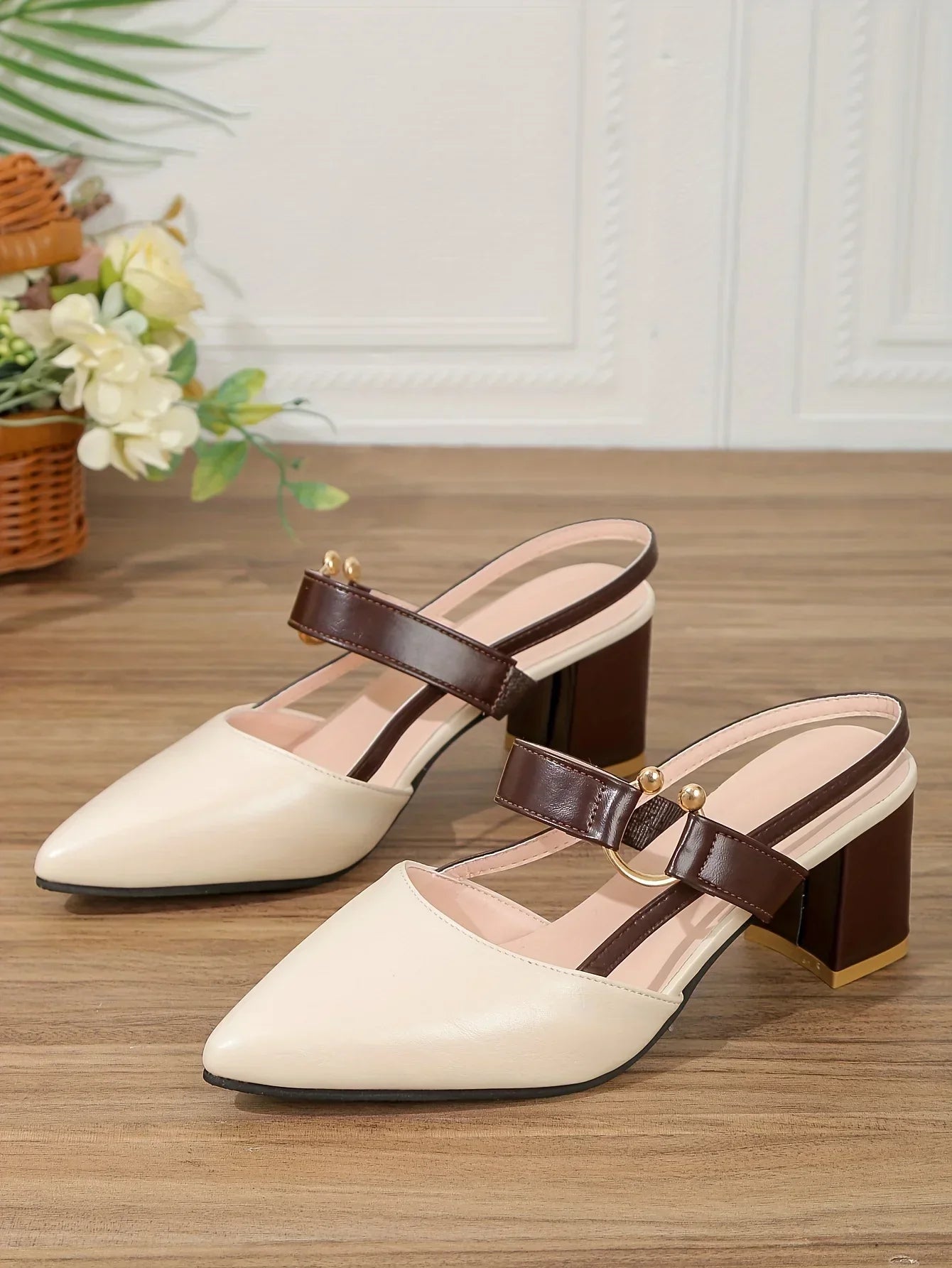 Women's Pointed Toe Block High Heel Sandals, Fashion Solid Color Slingback Shoes, Versatile Mid Heels