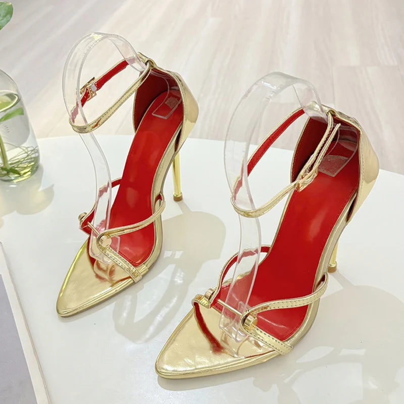 Liyke Sexy Gold Silver Ankle Cover Strap Sandals Women Shoes Fashion Metal Decoration Pointed Open Toe Party Club Stripper Heels