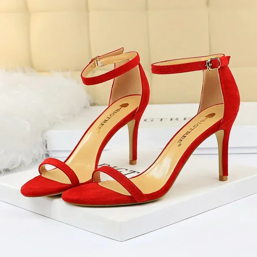 Women Gladiator Stiletto Classic Ankle Strap Holiday Beach Sandals Lady Fashion Suede 8cm 11cm High Heels Sexy Red Brown Sandles