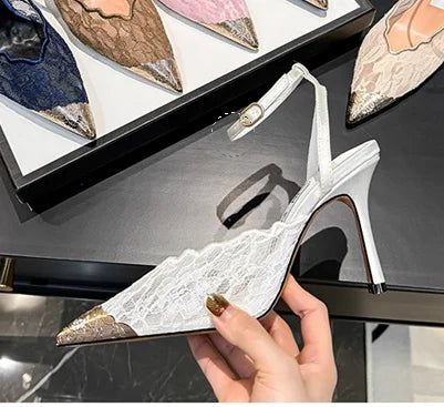 Pointed Color Blocking Lace is Breathable Women's Wedding Shoes Mesh One-strip Stilettos Luxury Women's Shoes Shallow Banquet Sh