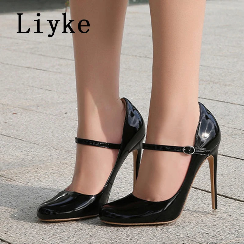 Liyke Big Size 44 45 46 Patent Leather Stiletto High Heels For Ladies Party Prom Shoe Fashion Round Toe Buckle Strap Women Pumps