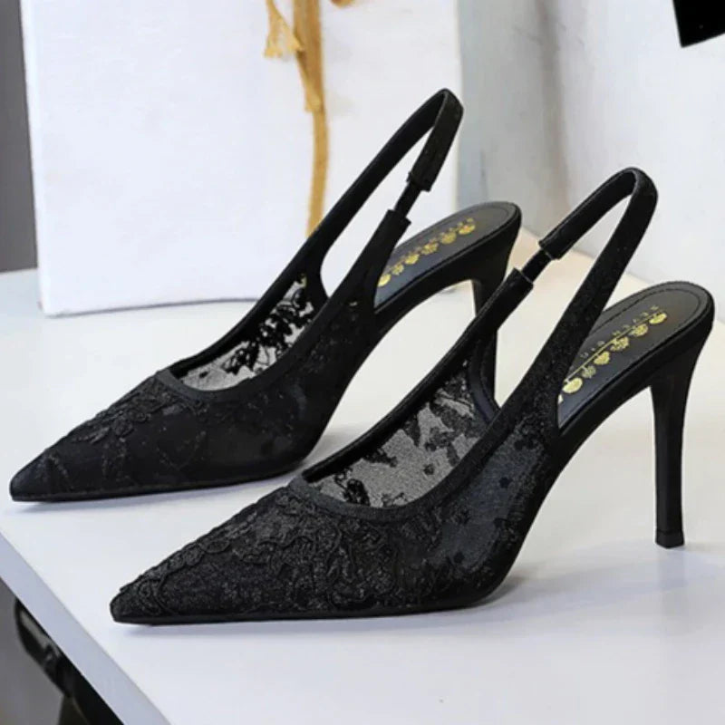 Elegant Embroidered Mesh High Heels for Women Sexy Pointed-toe Designer Pumps Luxury Party Dress Shoes Sandals