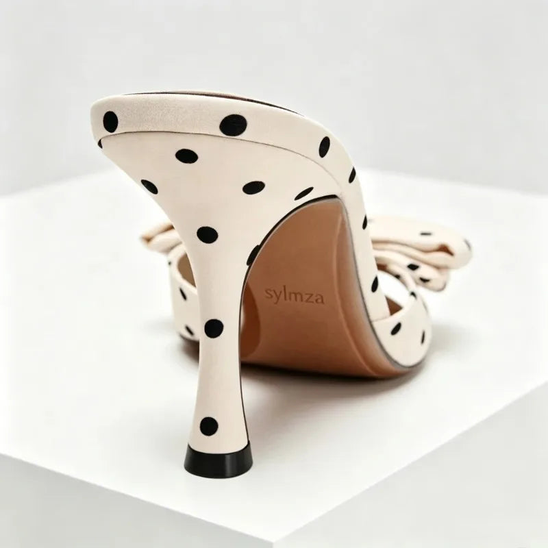 Satin Polka Dot Butterfly Knot Decorative Heeled Sandals Women Sexy Open-Toe Slide Sandals Summer Elegant Stiletto Heel Slippers