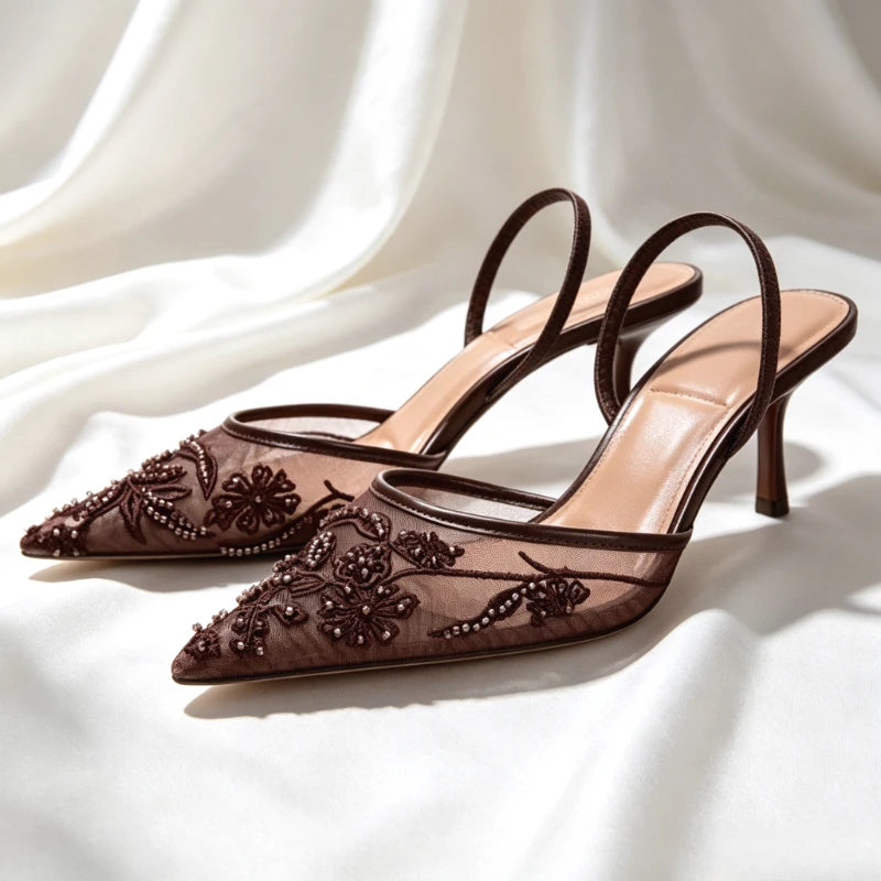 Mesh Embroider String Bead Detail High Heels Women Sexy Brown Pointed Toe Back Strap Heeled Sandals Summer Elegant Women Shoes