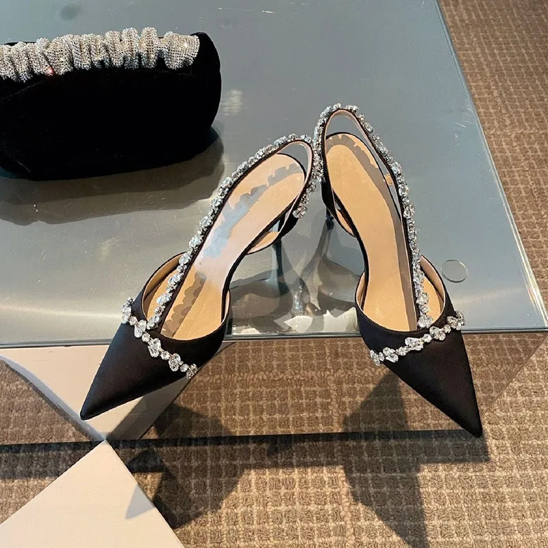 Luxury Women High Heels Ladies Pointed Toe Party Wedding Shoes White Black Stiletto Summer Rhinestone Slingback Sandals Female