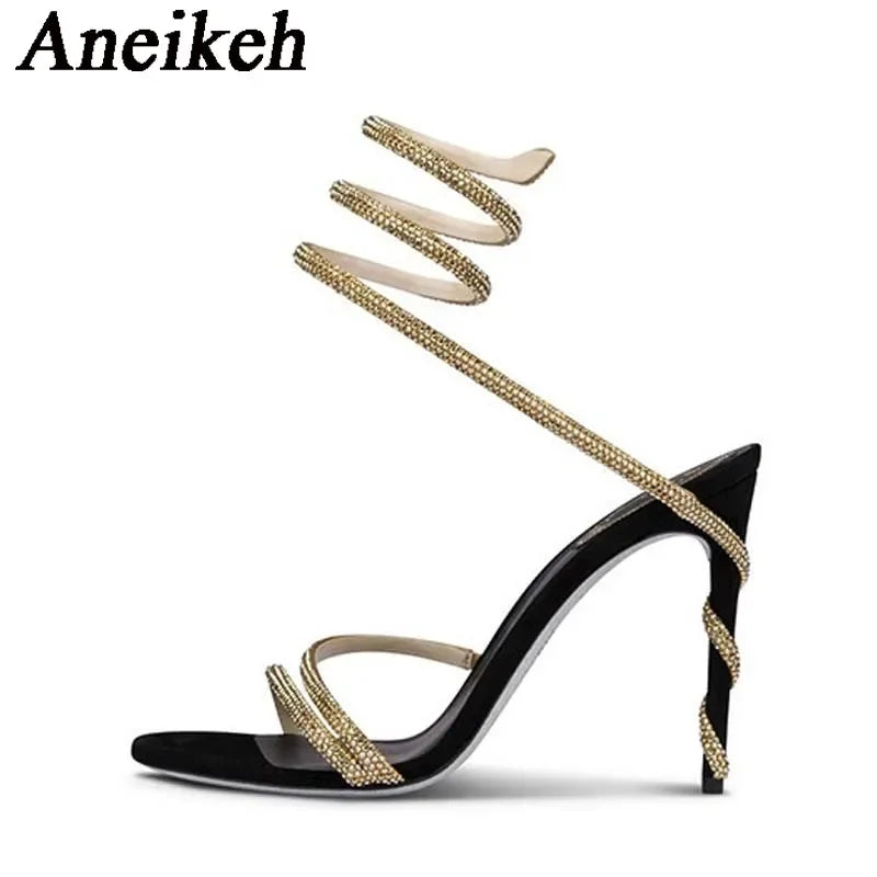 Aneikeh Star Style Luxury Crystal Snake Coiled Ankle Strap Lady Gladiator Sandals Sexy Stiletto High Heel Summer Party Prom Shoe