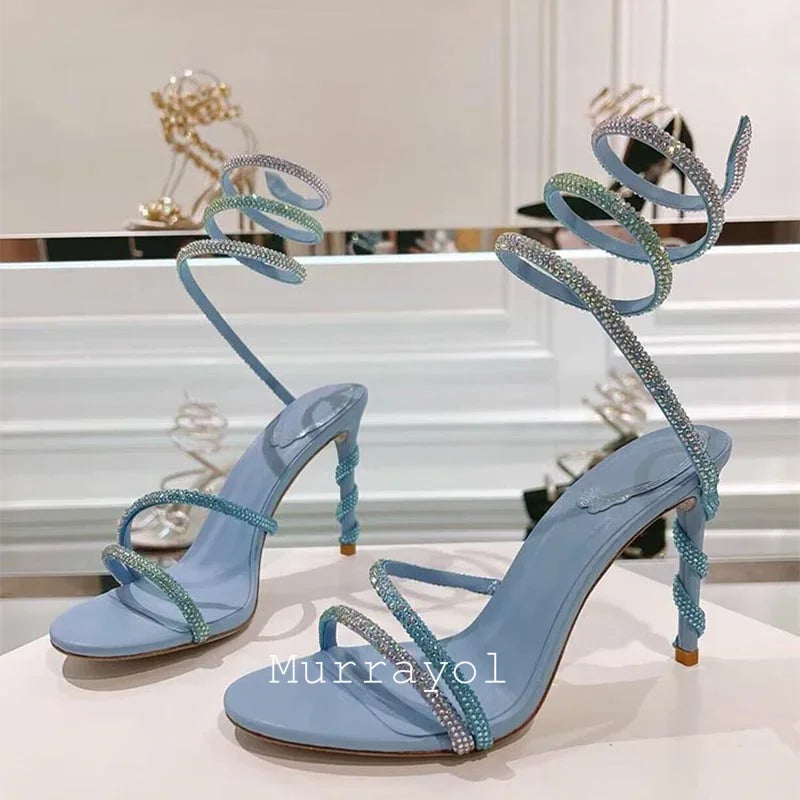 Glitter Crystal Decor High Thin Heels Sandals Women Shiny Snake Shaped Elastic Strap Design Sandalias Summer Party Dress Shoes