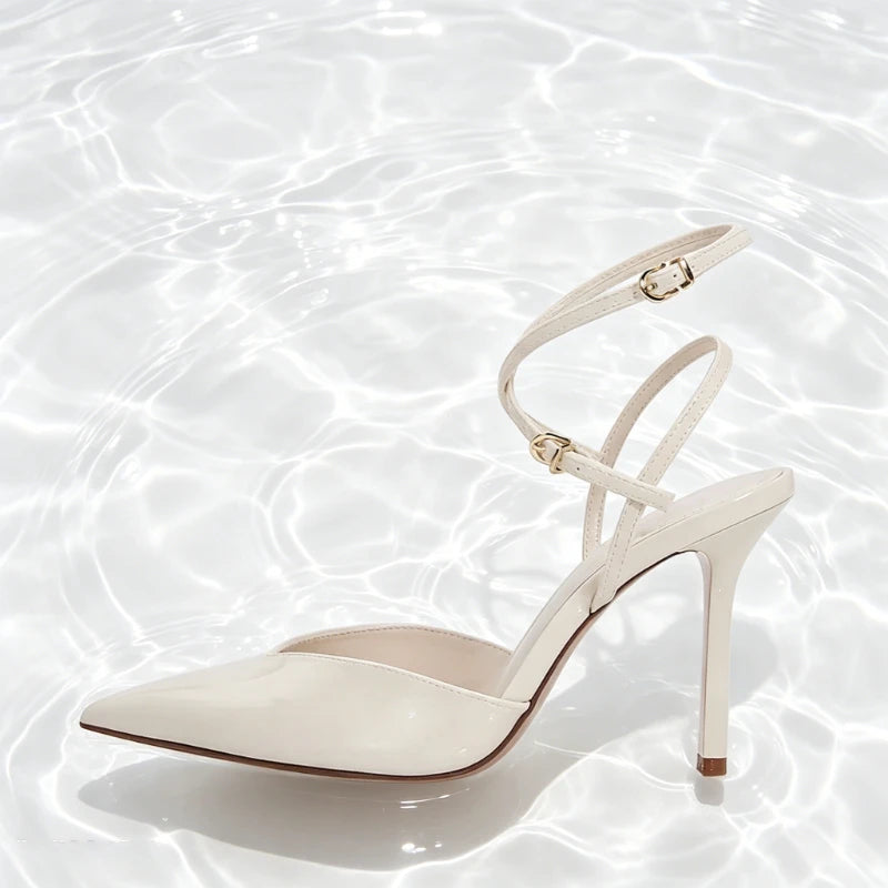 Elegant Pointed Toe Ankle Strap Brand Pumps Women High Quality Patent Leather Buckle Thin Heel Slide Sandals Banquet Dress Shoes