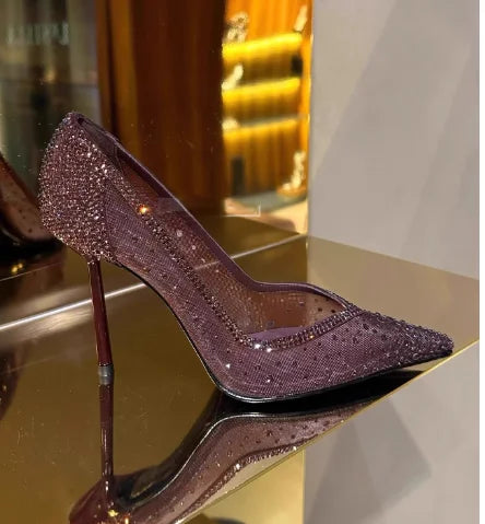 Blue Mesh Diamond Studded Pointed High-Heeled Shoes with Fine Heels Crystal Shoes, New Slim Heels Hollowed Out Lace Single Shoes