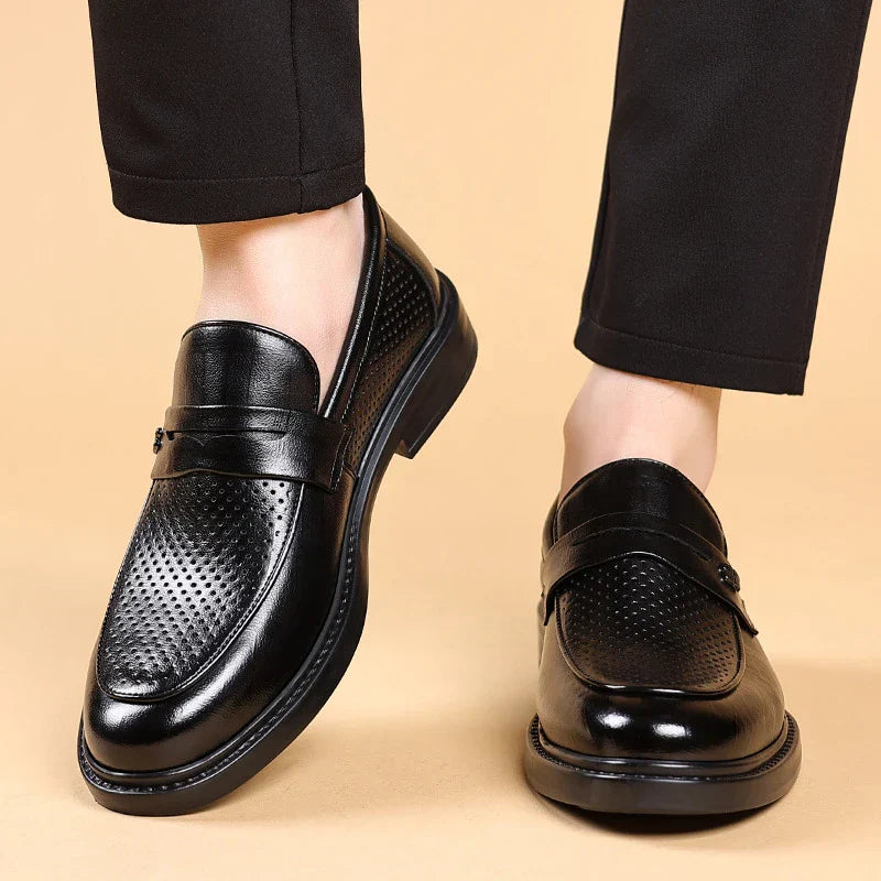 Mens Black Penny Loafers With Perforated Detail Slip On Comfortable Breathable Dress Shoes For Business Office And Summer Wear