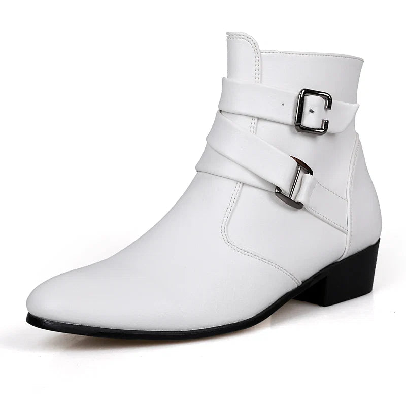Luxury Leather Chelsea Boots Men Designer White Dress Boots Men Casual High top Buckle Strap Formal Shoes Men Motorcycle Boots