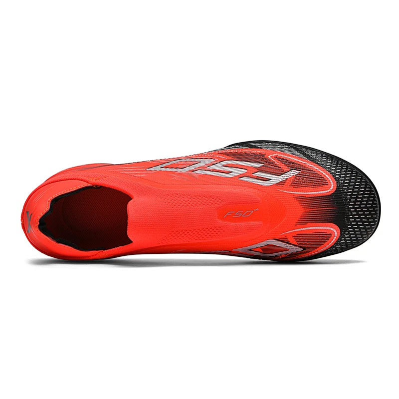 NEW Black-Red Mens Soccer Shoes SLIP-ON Non-Slip Turf Soccer Cleats for Boys TF/FG Training Football Boots Chuteira Campo 35-45